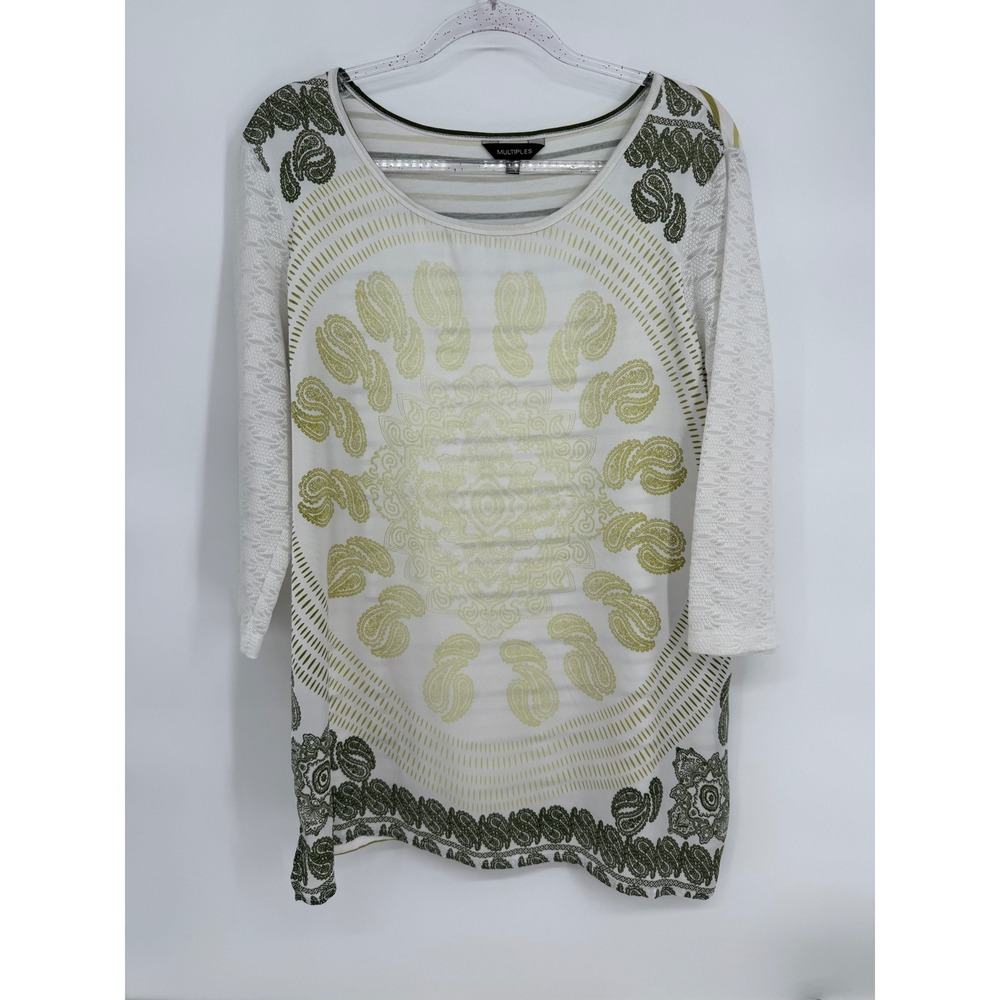 Multiples Womens Sz L Paisley Stripe Mixed Media 3/4 Sleeve Top White Olive